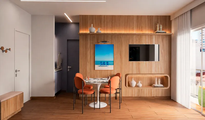 Imagem de projeto de studio com painel ripado em madeira e mesa de refeições